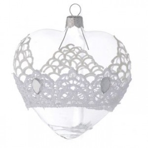 Heart Shaped Bauble in blown glass with lace decoration 100mm