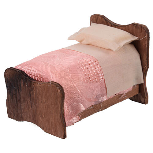 Wooden bed with sheets and fabric blanket 10 cm