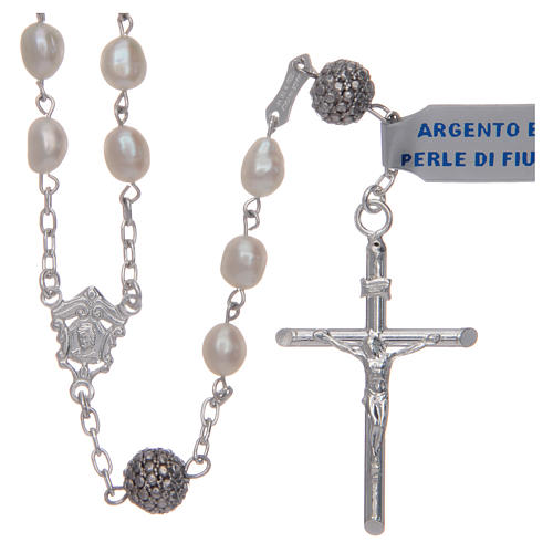 Rosary in 925 sterling silver with white oval river pearls