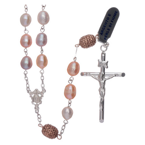 Sterling silver rosary made with oval freshwater pearl beads