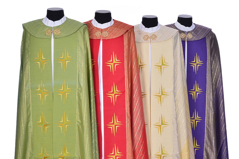 Liturgical cope: The vestment worn by priests in celebrations Liturgical cope