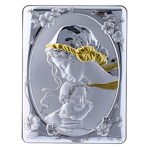 Our Lady with Baby Jesus painting finished in gold, made of laminboard with refined wooden back