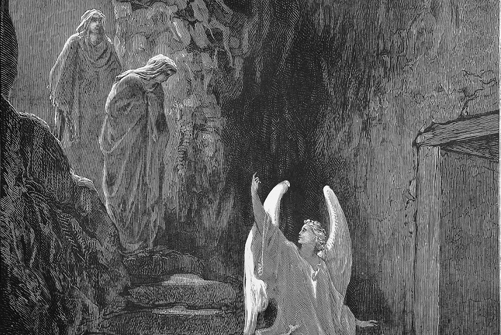 An angel announces to the women that Jesus has risen