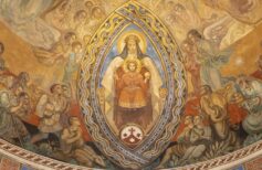 BARCELONA, SPAIN – MARCH 3, 2020: The fresco of Glory of St. Therese of the Child Jesus  in the church Parroquia Santa Teresa de l’Infant Jesus by Francisco Labarta (20. cent.).