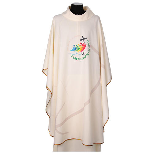cream coloured chasuble with official logo of 2025 jubilee printed