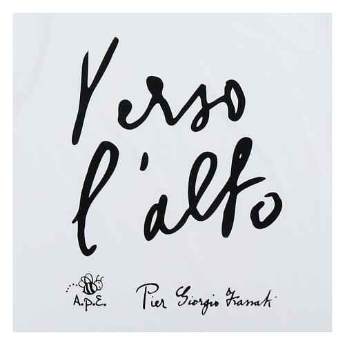 Children’s white organic cotton T-shirt with black print Verso l’alto Pier Giorgio Frassati