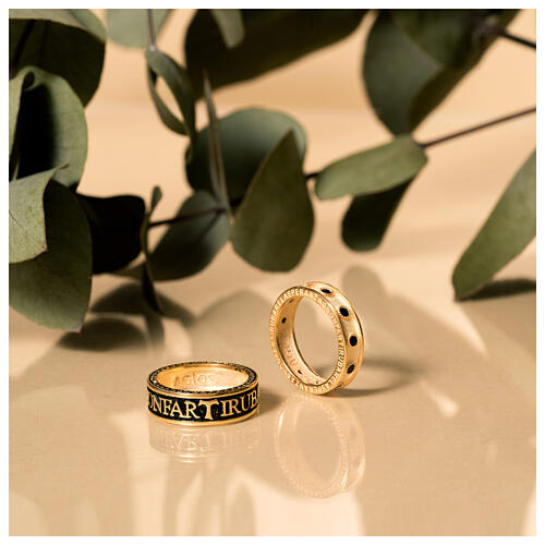 Agios rosary ring, black rhinestones, gold plated 925 silver