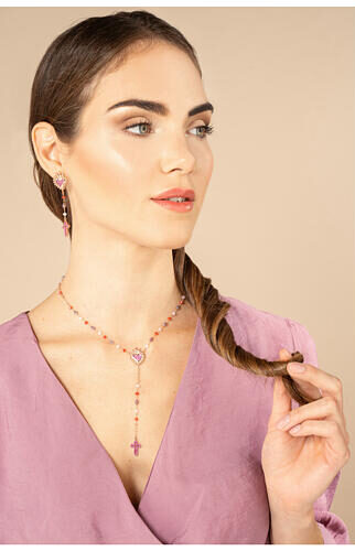 Agios rosary with Sacred Heart, red rhinestones and red and brown beads, rosé 925 silver
