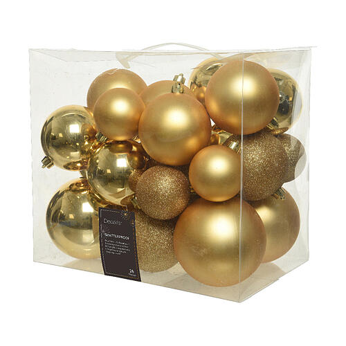 Box of 26 golden Christmas balls, shiny, matte or glittery, assorted diameters, recycled plastic