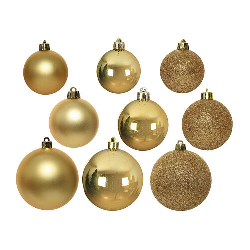 Box of 26 golden Christmas balls, shiny, matte or glittery, assorted diameters, recycled plastic