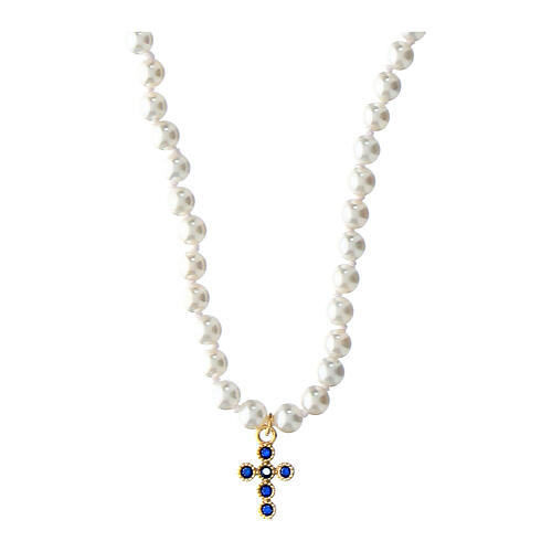 Benedictus necklace of white pearls, cross with blue rhinestones