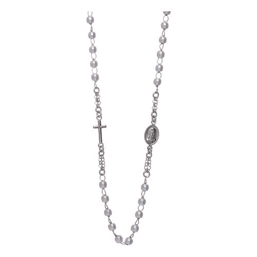 Rosary AMEN Necklace in 925 sterling silver with rhodium finish and white beads
