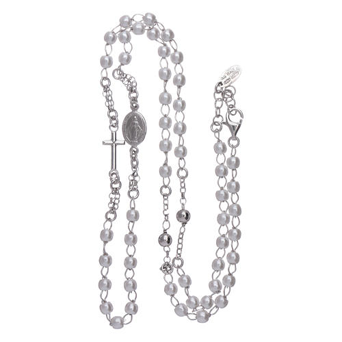 Rosary AMEN Necklace in 925 sterling silver with rhodium finish and white beads