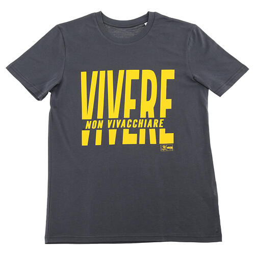 T-Shirt Anthrazit Bio-Baumwolle Gelbdruck ''Leben, nicht nur existieren'' Piergiorgio Frassati