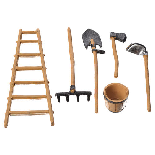 Herramientas de trabajo surtidas, 6 pdz, para belén de Moranduzzo con estatuas de 10 cm 