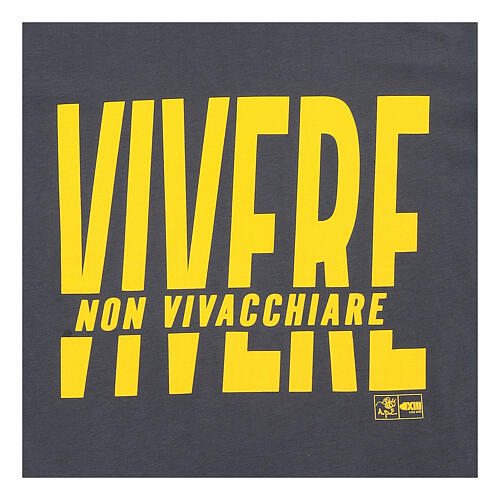 t shirt anthracite en coton bio avec impression jaune vivre ne pas vivoter pier giorgio frassati