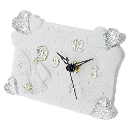 Horloge en résine 9x14 cm Confirmation coeurs blanc