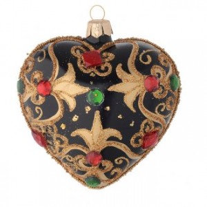 Cuore Natale nero e oro pietre rosse 100 mm