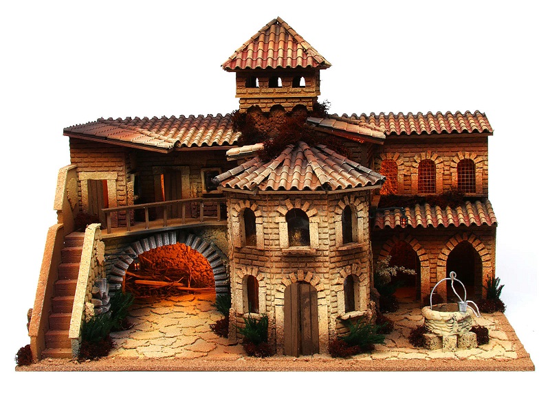 Borgo in sughero illuminato con grotta per presepe 50x70x45 cm