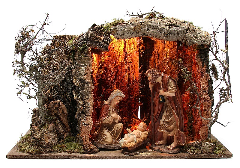 Capanna presepe illuminata con statue 32 cm e eff fuoco 55x76x40