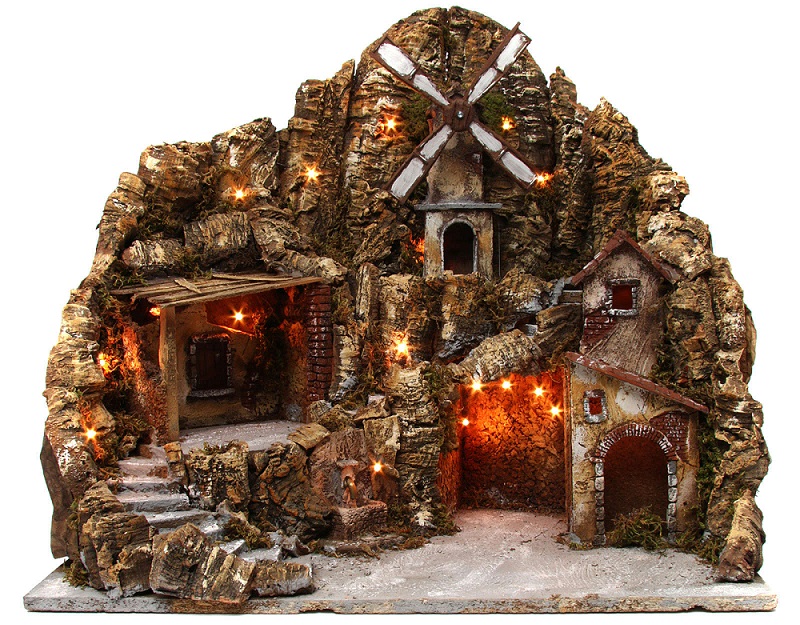 Paesino di campagna presepe illuminazione fontana mulino movimento 60X65X55 cm presepe napoletano