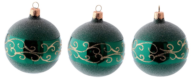 Palline albero Natale 6 pz vetro soffiato verde decori dorati 80 mm