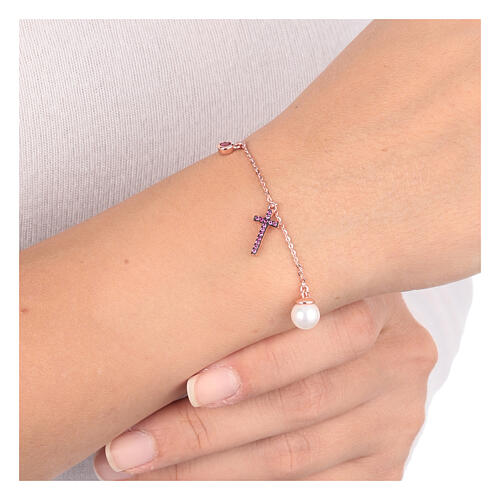 bracciale perla e croce con zirconi amen argento 925