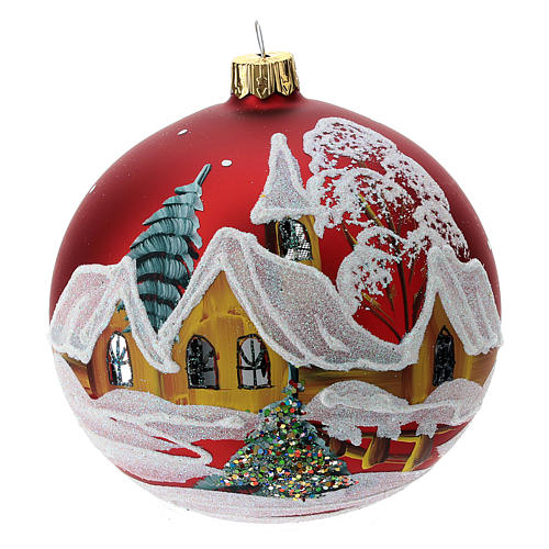 palla natale vetro rosso case e alberi 100 mm