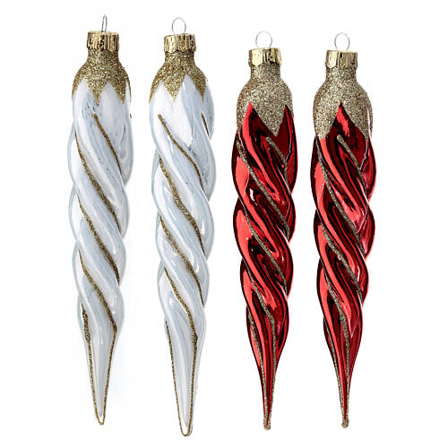 palline natalizie 4 pz ghiaccioli rosso bianco 16 cm vetro soffiato