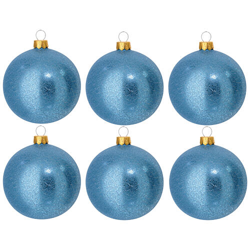 set 6 palline vetro soffiato azzurro satinato glitter 80 mm