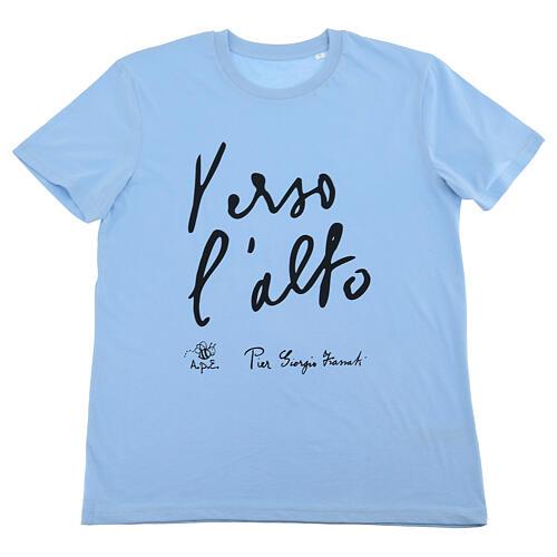 t-shirt azzurra cotone bio stampa nera verso l'alto piergiorgio frassati