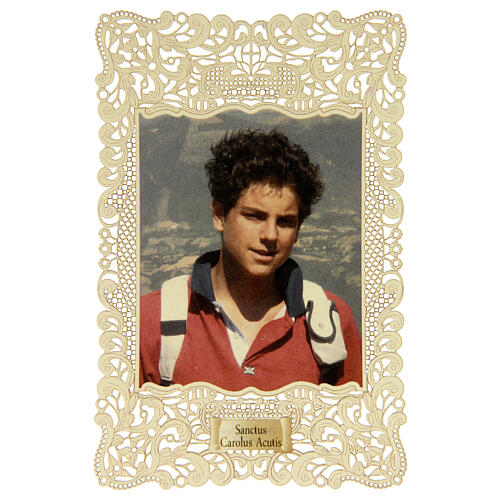 santino di san carlo acutis decoro merlettato 11x7 cm