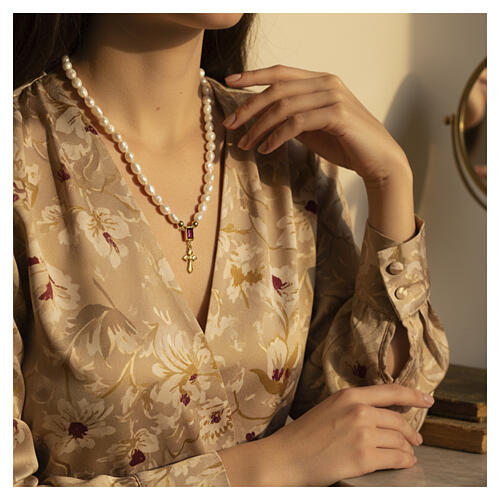 collana croce zircone rubino perle naturali benedictus argento 925 dorato