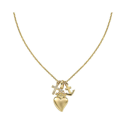 colar amen em prata 925 dourada com pingentes de coracao cruz e ancora com zircoes brancos