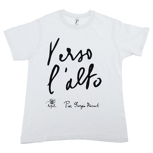 T-shirt infantil branca em algodão biológico com estampa preta “Verso l’alto” Pier Giorgio Frassati